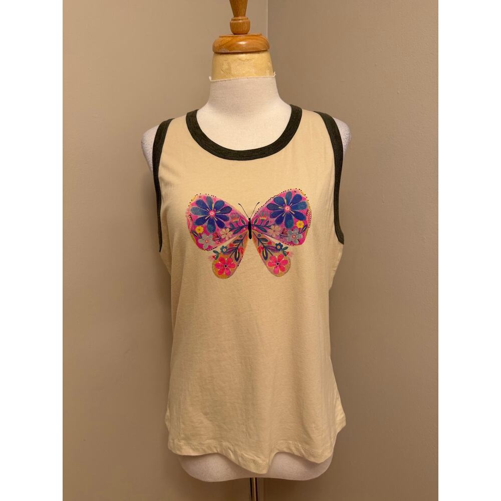 NWT Natural Life Butterfly Tank Top Cream/Black Floral Sz XL